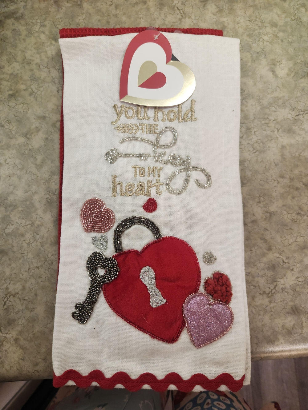 Embellished Red & White Heart Kitchen Towel Set- Brand